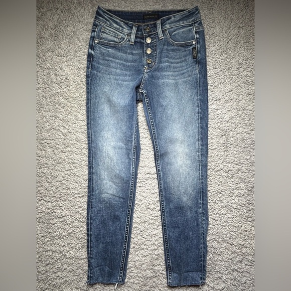 Silver Jeans Womens 25 Suki Skinny Crop Exposed Button Fly Raw Hem Stretch Denim - Picture 1 of 4